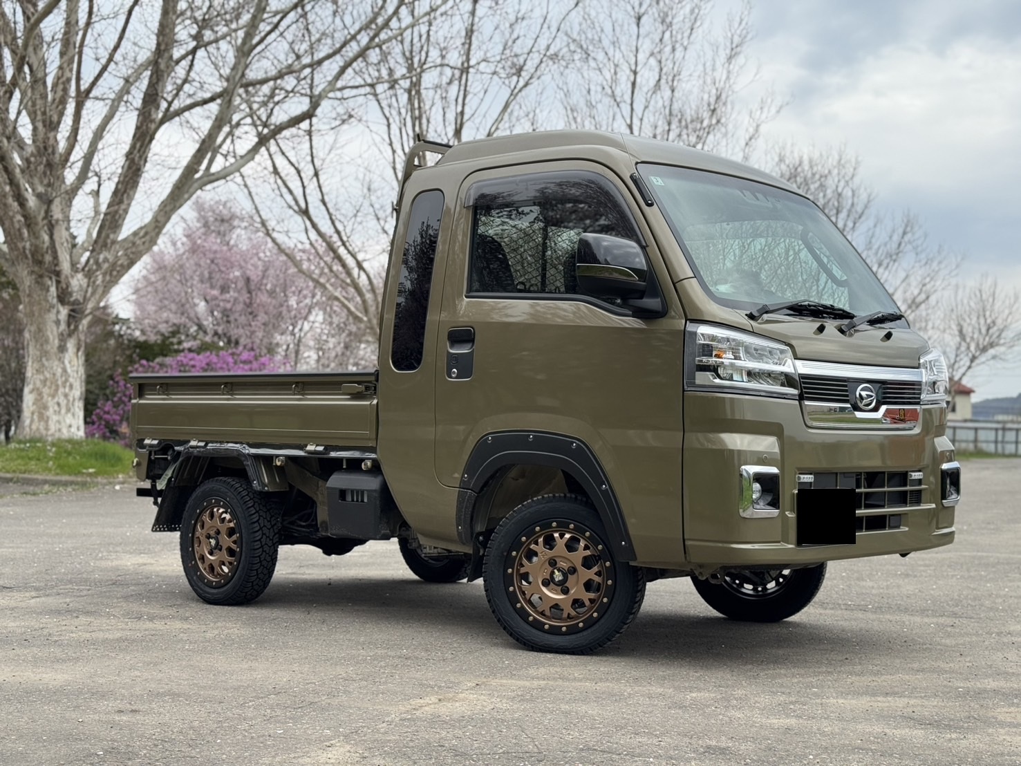 カーキ色のカスタム軽トラック。オフロードタイヤとブロンズホイールが特徴。